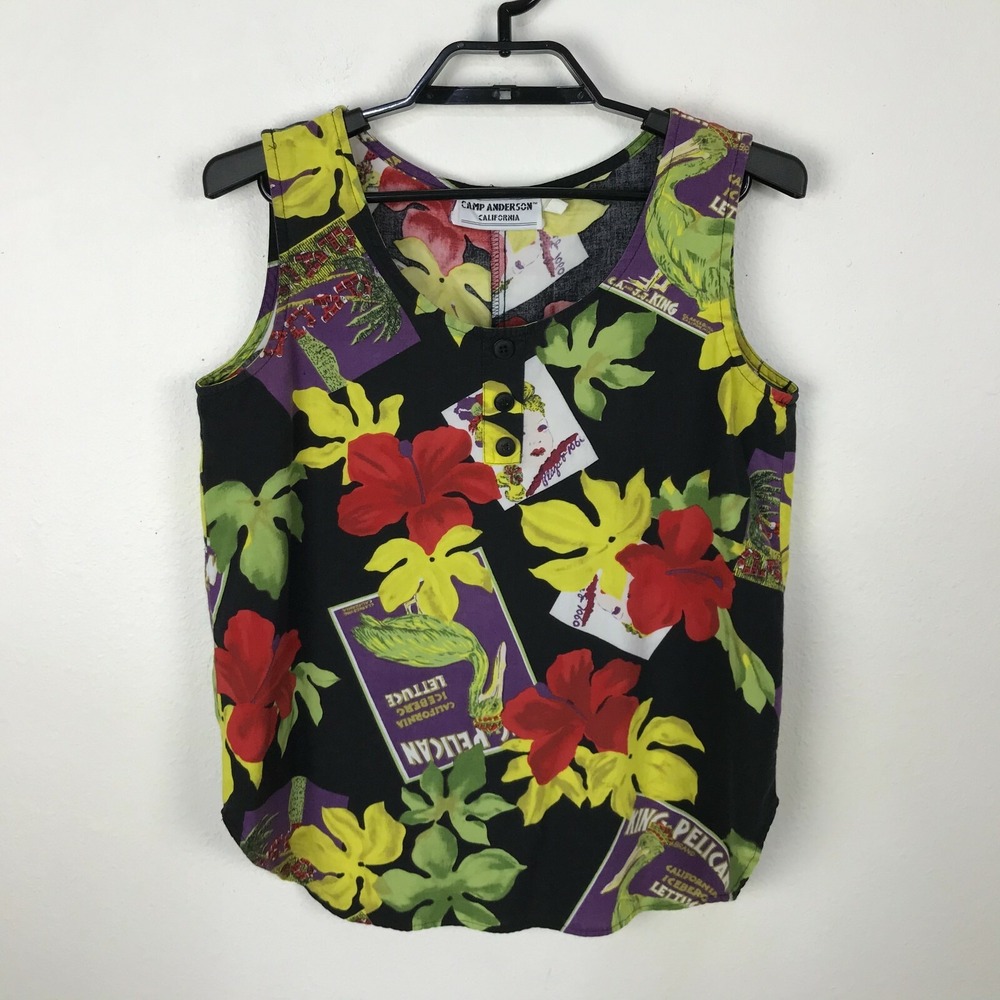 Vintage Camp Anderson Hawaiian Shirt Size‎ S Multicolor Floral Advertisements